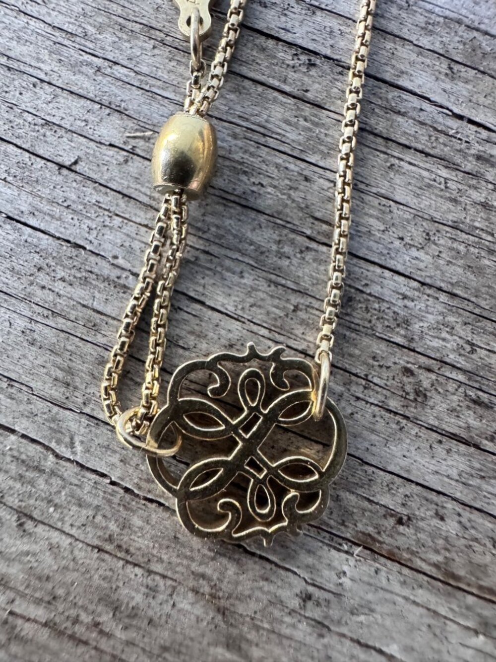 Alex and Ani Gold Tone Slider Necklace Filigree Monogram Charm Adjustable - Picture 8 of 9